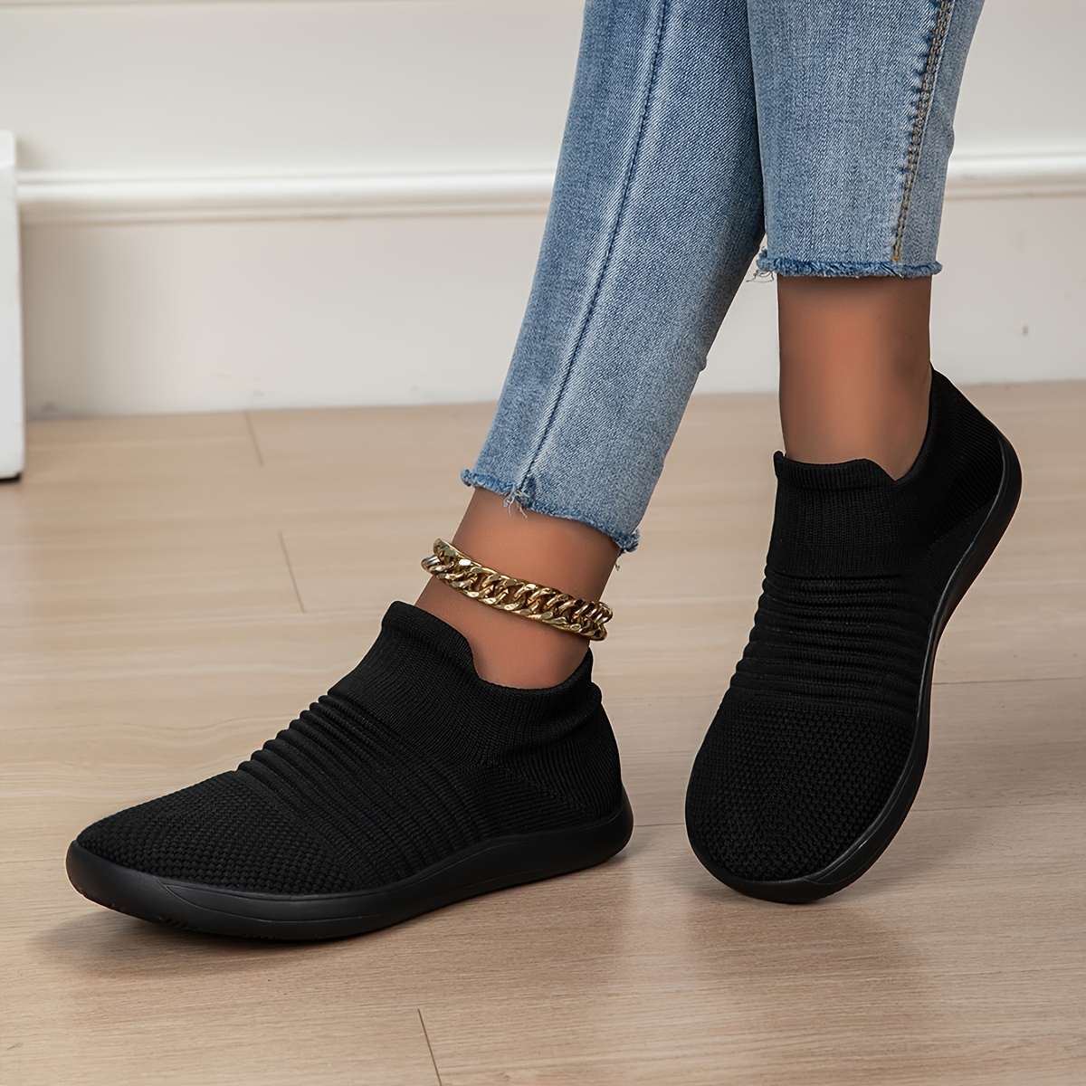TEMU Women's Wide-toe Black Comfortable Lightweight Casual Slip-on Sneakers, Fashionable And Versatile, Essential Walking Shoes For Wide Feet,