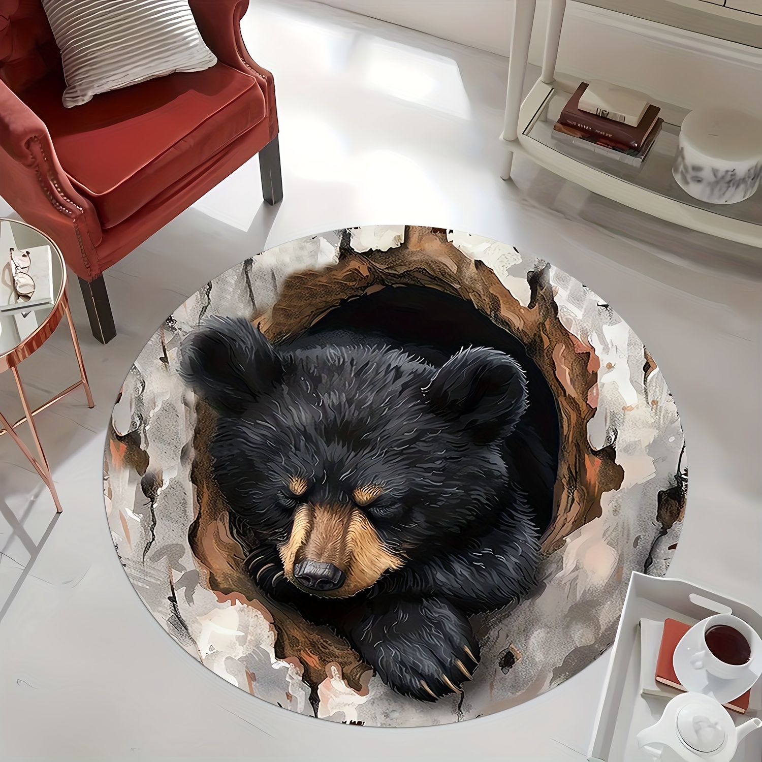 TEMU Motif de Design Ours Noir Créatif Tapis Rond - Lavable, Matériau en Flanelle de Haute Qualité d'Épaisseur 0.47 Pouce, Adapté pour Salon, Chambre