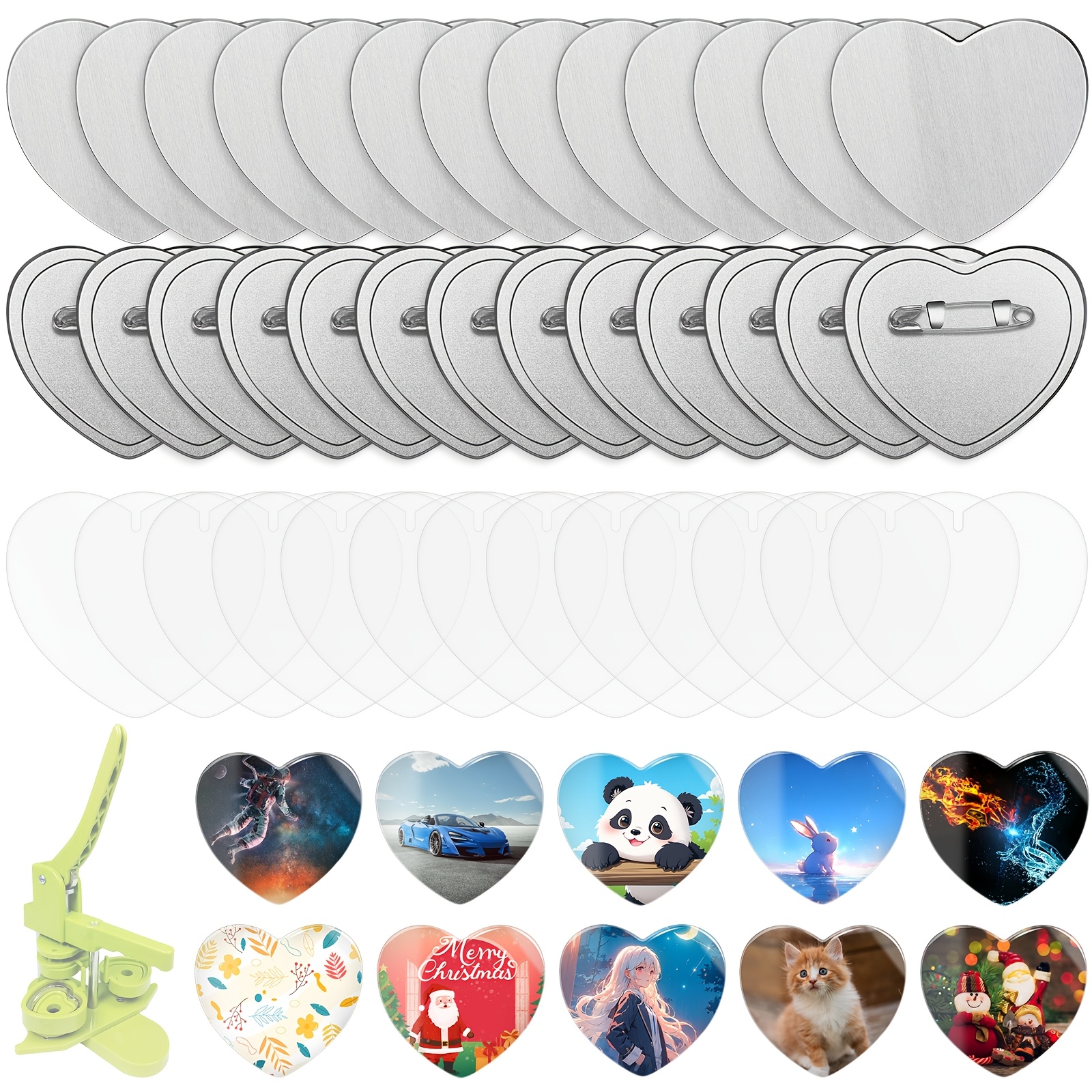 Image of 100 Sets Of Supplies For Heart-shaped Buttons, Including Metal Parts For A Pin-making Machine. Each Set With A Top, Clip Bottom, And Plastic Film