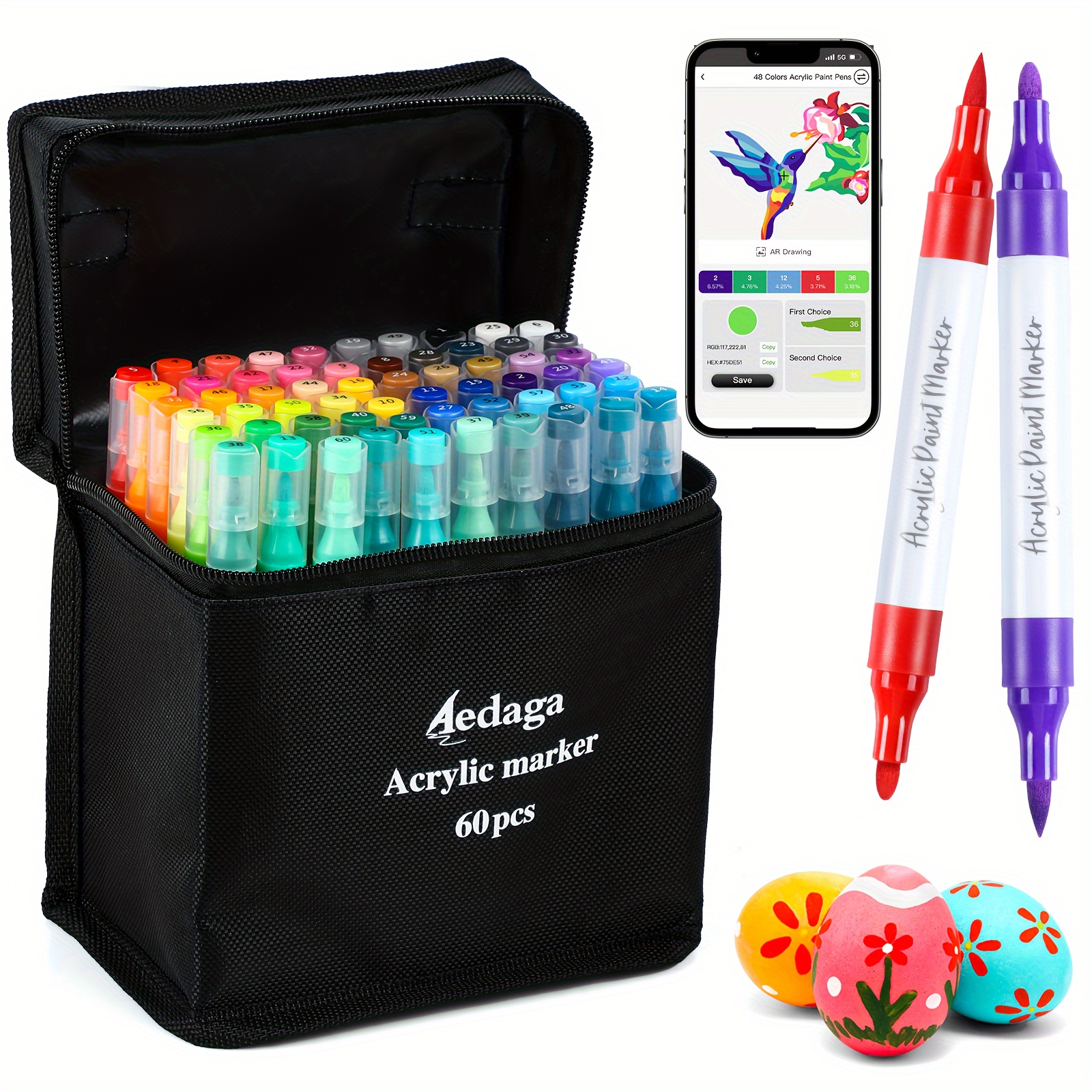 

60 Colors Acrylic Paint Pens With App, Fine Tip Acrylic Paint Markers Dual Tip With And Brush Tip For Adults, Kids, Eggs, Wood, , Canvas, Plastic, Stone, Glass, Ceramic