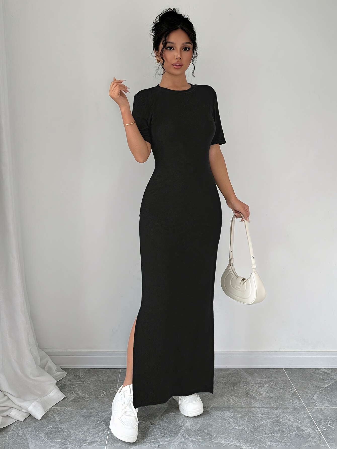 women's bodycon dress - middle eastern-inspired stretchy midi dress with  round neck, machine washable solid black spring/summer casual to evening  wear, tight fitted dress, versatile fashion, sophisticated texture -  women's clothing -