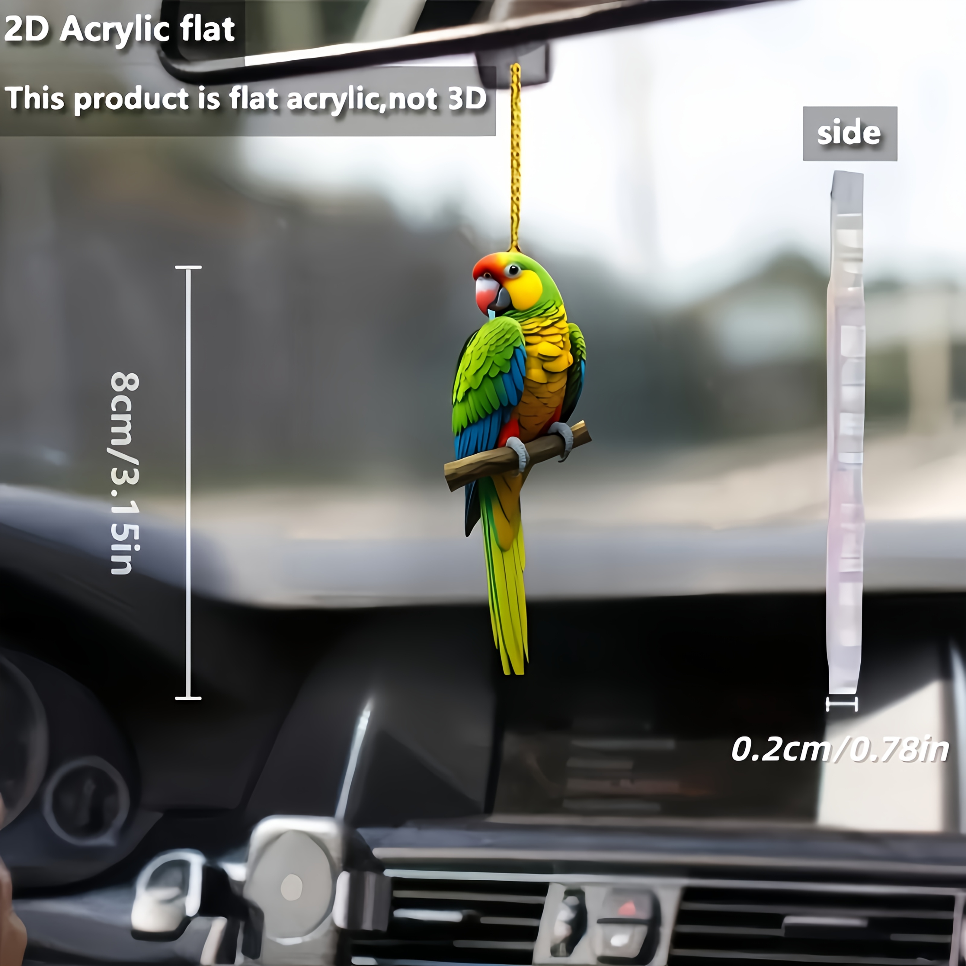 TEMU 2d Flat, 2d Flat 1pc, 2d Acrylic Cute Parrot Car Interior Hanging Decoration, Control Rearview Mirror Hanging Decoration, Holiday Party Hanging