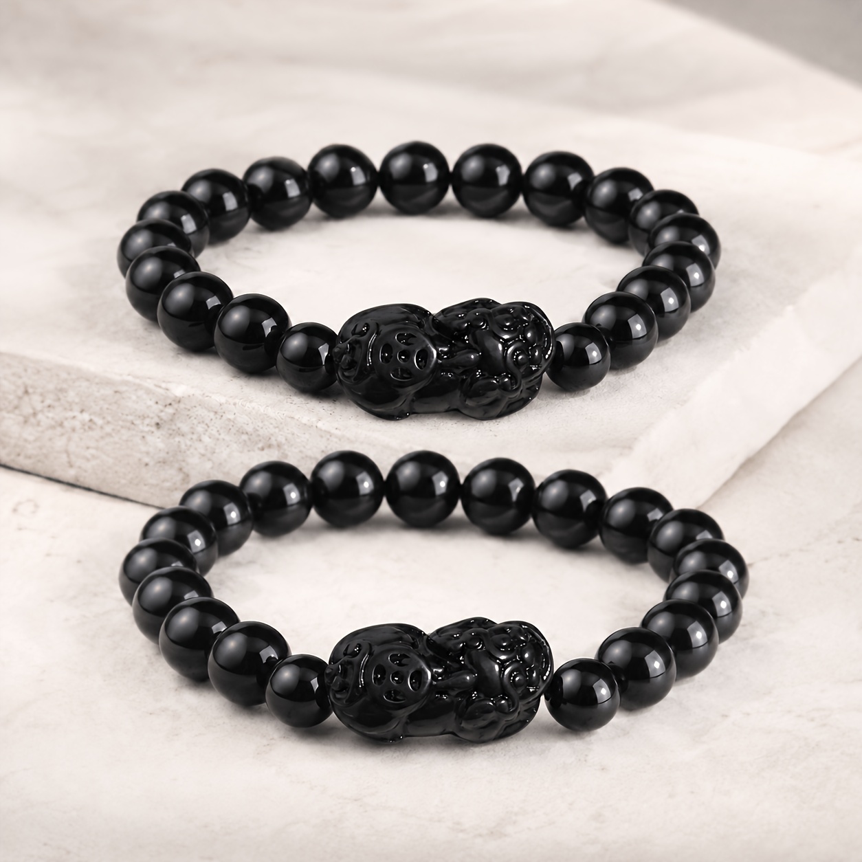 TEMU 2pcs Bracelets Pixiu en Naturelle pour Homme, Ensemble de Bracelets Élastiques d' du Shui, Cadeau de Protection de , Convient pour un Port Toute