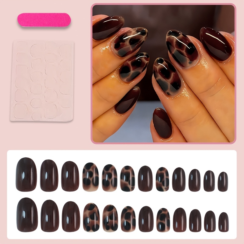 E-shop 24 Stück Kurze Ovale Press-On-Nägel für & Party – Brauner Leopardenmuster Vollabdeckung Kunstnägel mit Glanz, Kurze Länge für Frauen, Ideal für