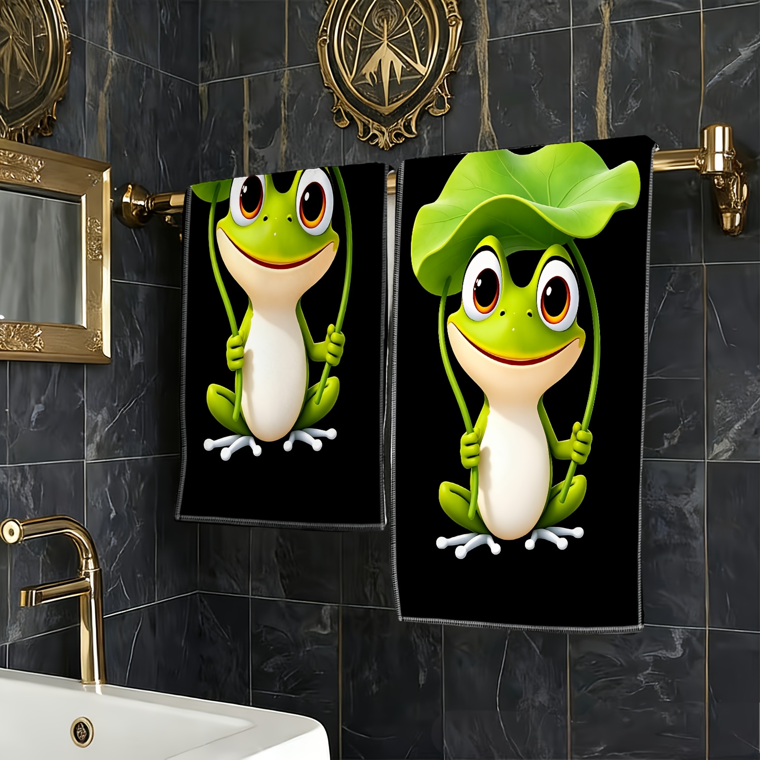 TEMU Serviette à main imprimée 1 pièce à motif thématique de grenouille avec chapeau en feuille de lotus en assise mignonne - Serviette de cuisine
