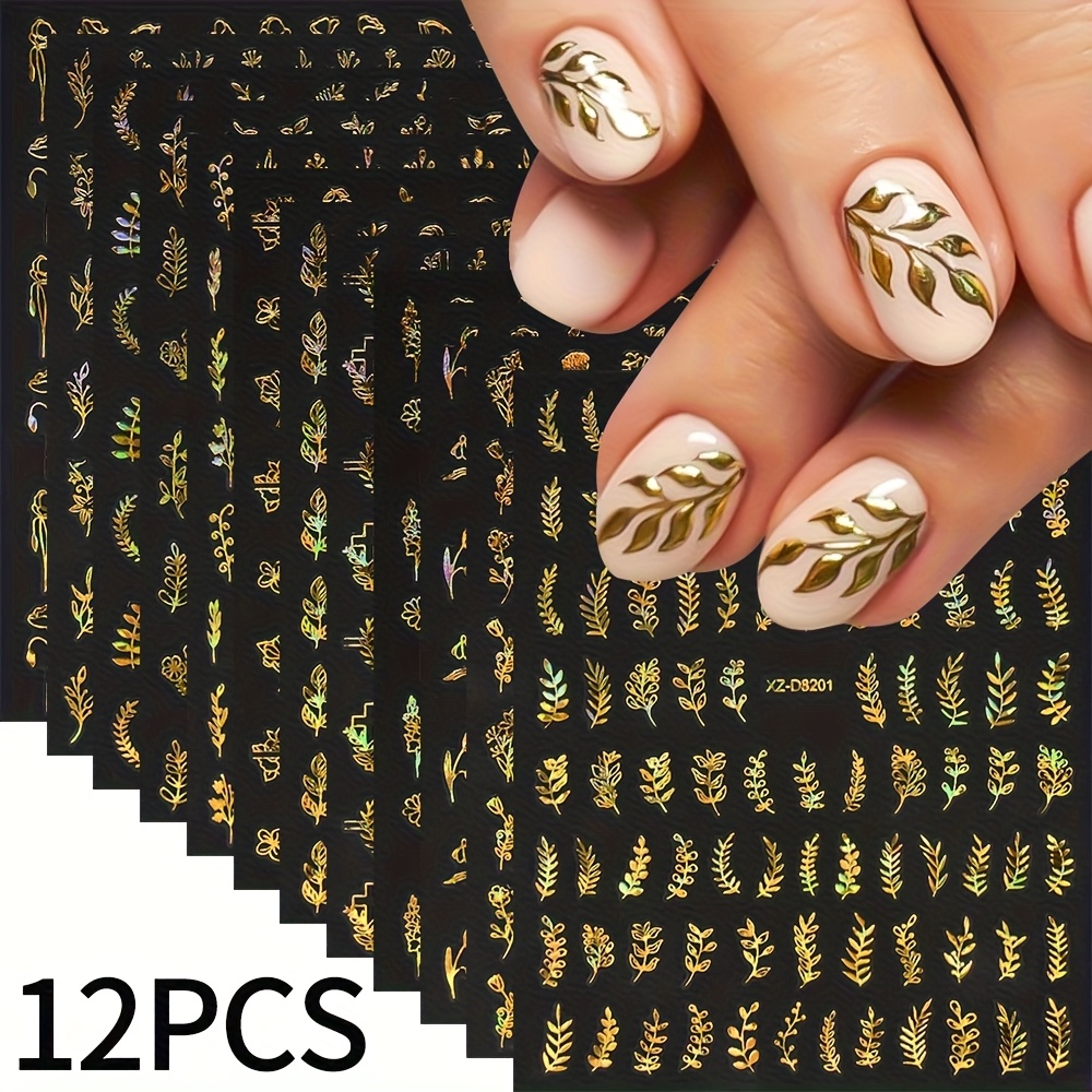 Image of 12 Holographic For Nail Stickers, 3d Floral Plant For Nail Decals, Self-adhesive For Nail Decorations, Featuring Leaf/flower Patterns, Perfect For And For Nail