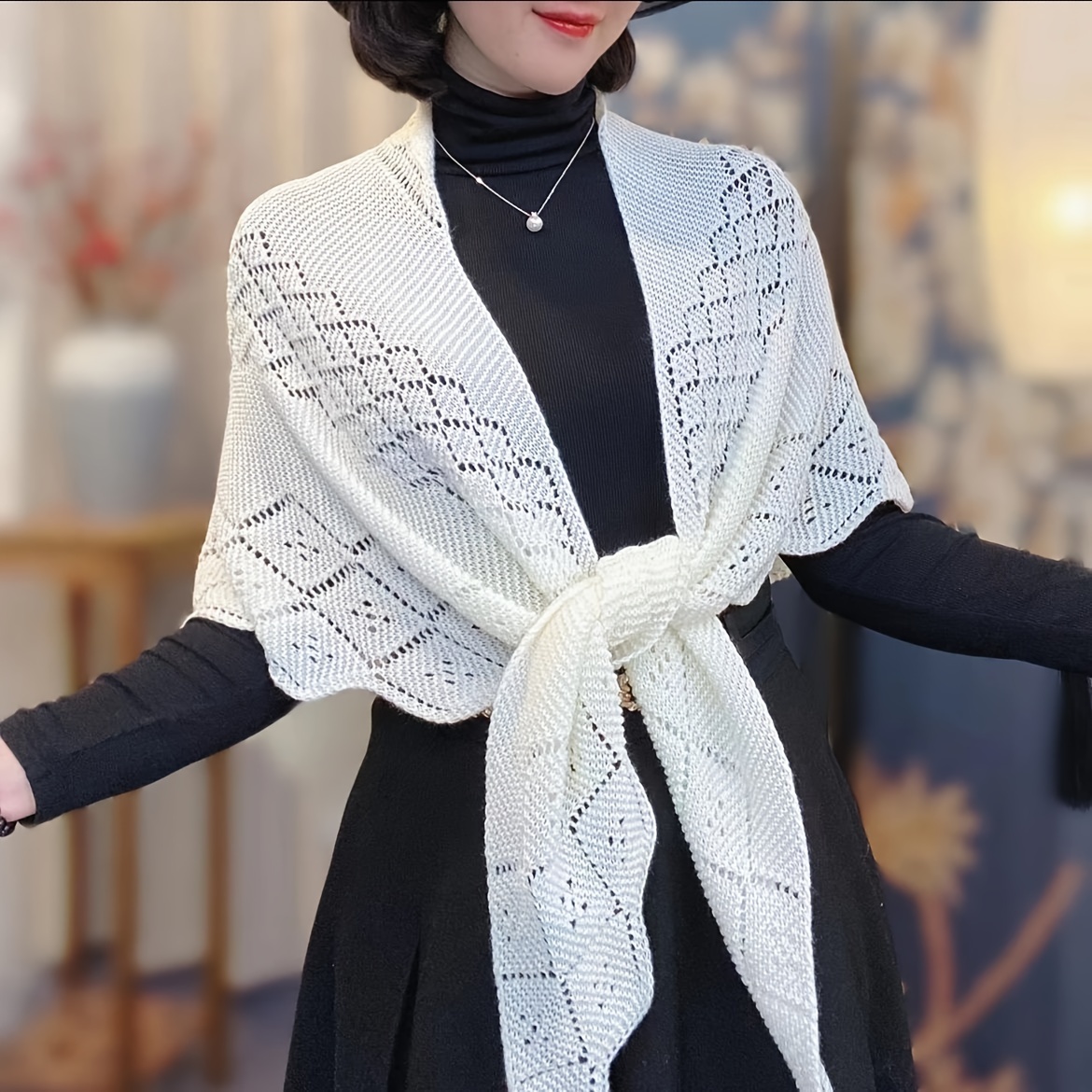 

Elegant Knit Hollow-out Triangle Shawl - Solid Color, Versatile & Warm For Casual Outings Elegant Shawl Knitted Cardigan For Women