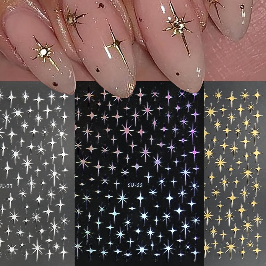 3 Sets Of Metallic Laser Starburst Nail Stickers, Disposable Self-adhesive Back Glue Nail Decals For Women, Art Decoration Additions