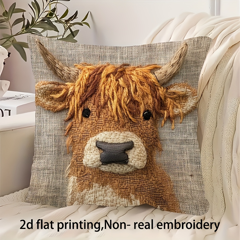 TEMU 1 Highland Cow Plush Pillowcase, Decorative Cushion, Suitable For Indoor/outdoor Sofas, Patios, , Living Room Decor, With Zipper Closure, Home