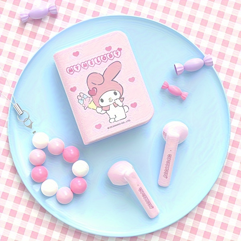 Mini Wireless Earbuds - Sanrio Hello Kitty Kuromi Cinnamoroll My Melody Book Style Earphones with Beaded Lanyard - Kawaii Small Tiny Earbuds for Women, Perfect for Sports, Workout, Travel, Birthday, and Christmas Gifts