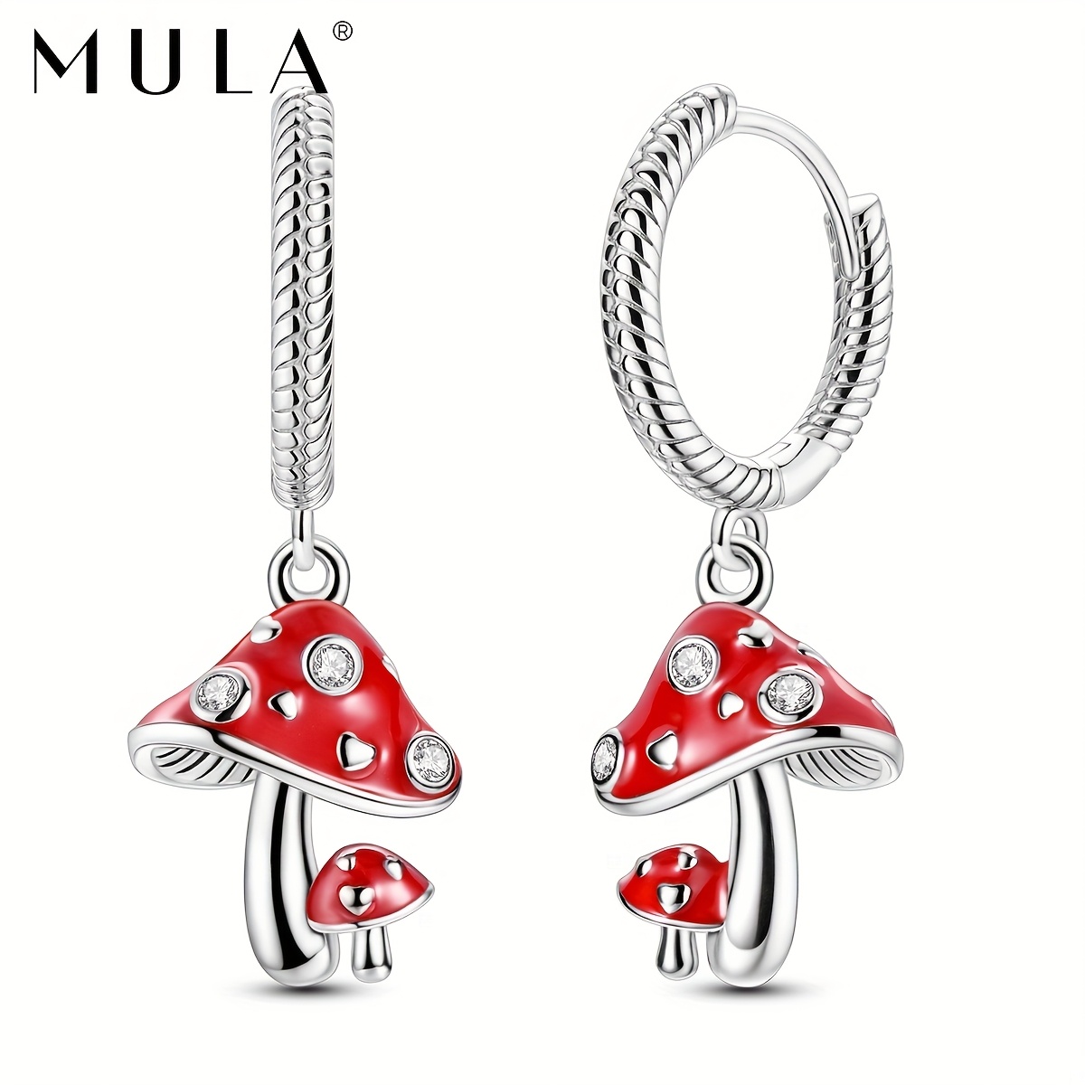 Image of 1 Pair Silvery Cubic Zirconia Enamel Mushroom Hoop Earring Elegant Fine Jewelry Gift For Women Wear Ideal For Forest Lovers Birthday Gifts Daily Wear