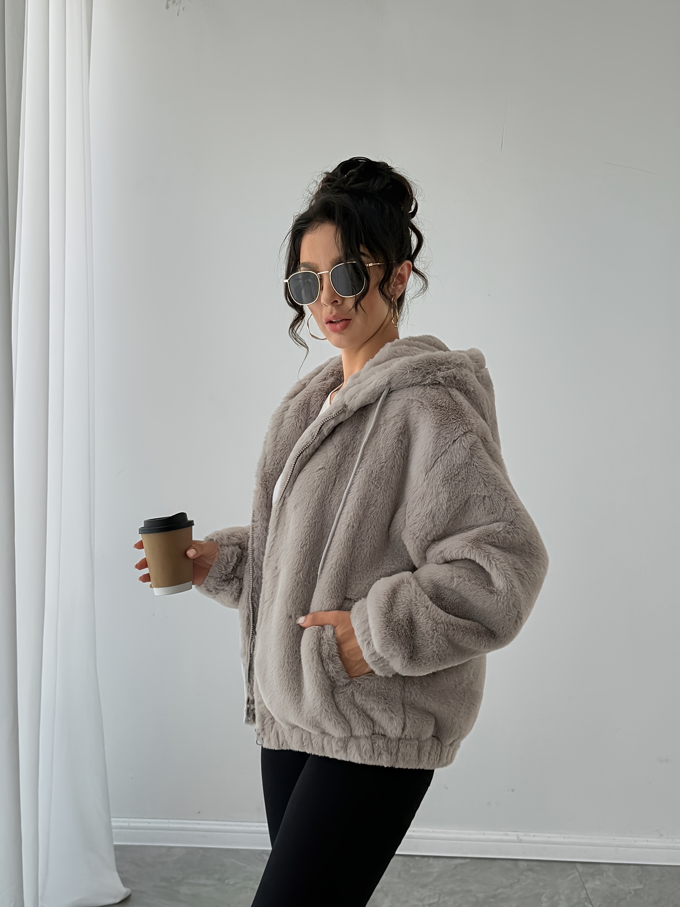 Women s Winter Plush   Fur Jacket with Hood & Zipper Closure - Cozy Full-Zip Outerwear, Soft Warm Coat for Casual  , Casual Attire, Hand Washable (  Fabric) - Fall   Essential, Cold  , Stylish Outerwear,   Lining, Adult Women, Fashionconscious Buyers