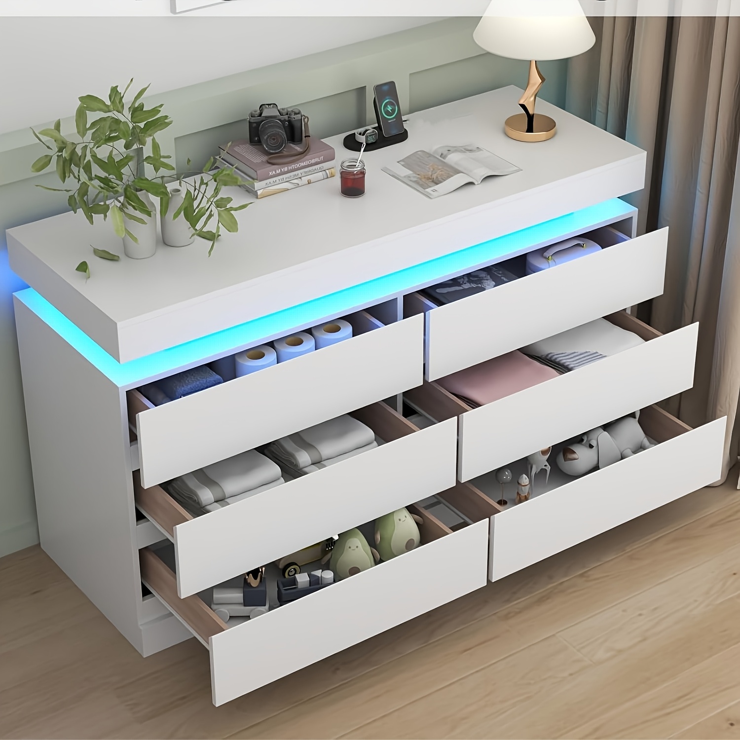 TEMU Dresser For Bedroom With 6 Drawers, Closet Organizers And Storage, Modern Chest Of Drawers, Double Dresser With Power Outlet & Led Lights, Wide