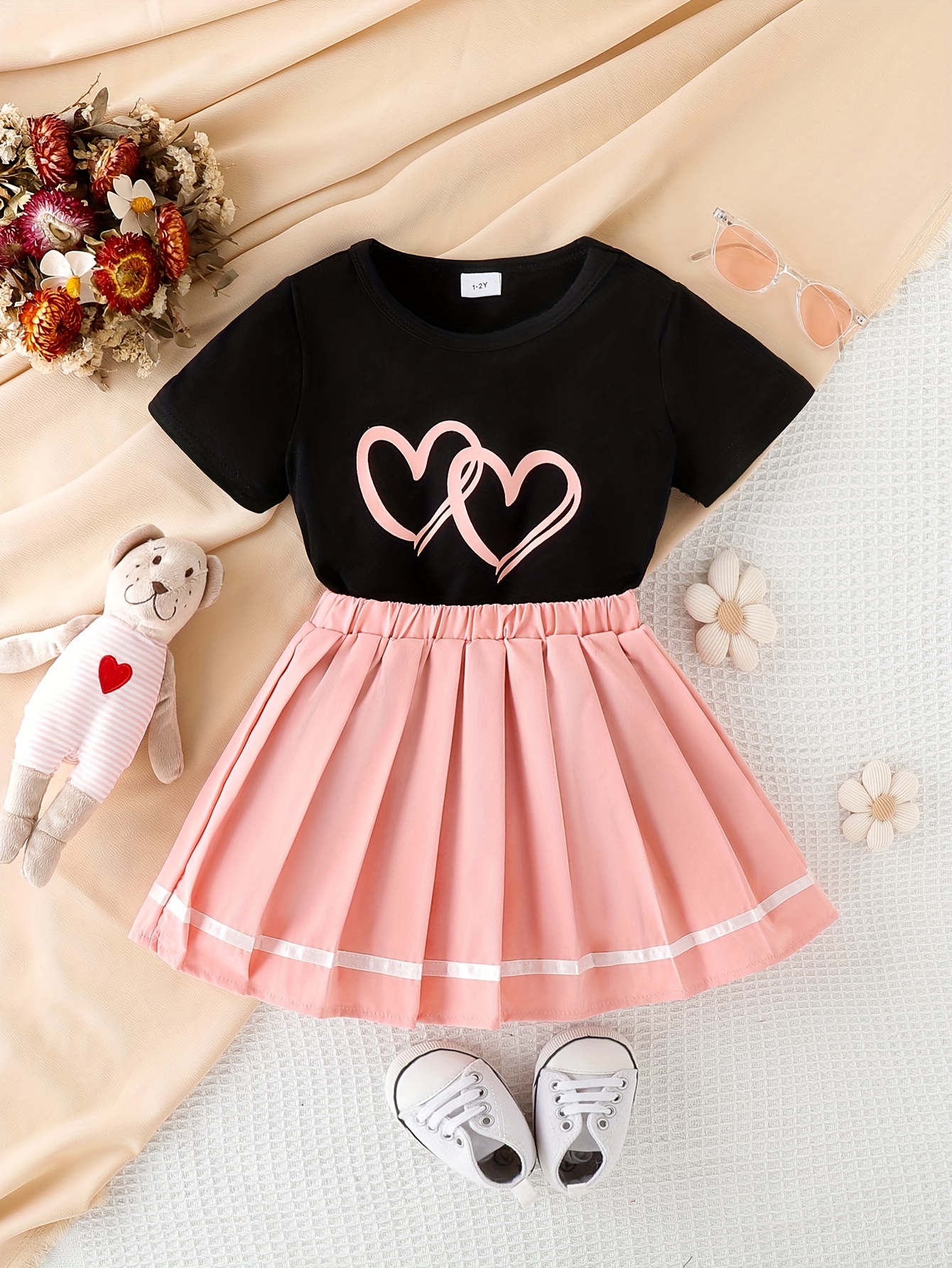 Girls Heart Polka Dot Skirt Love Story Letter Graphic T - Temu