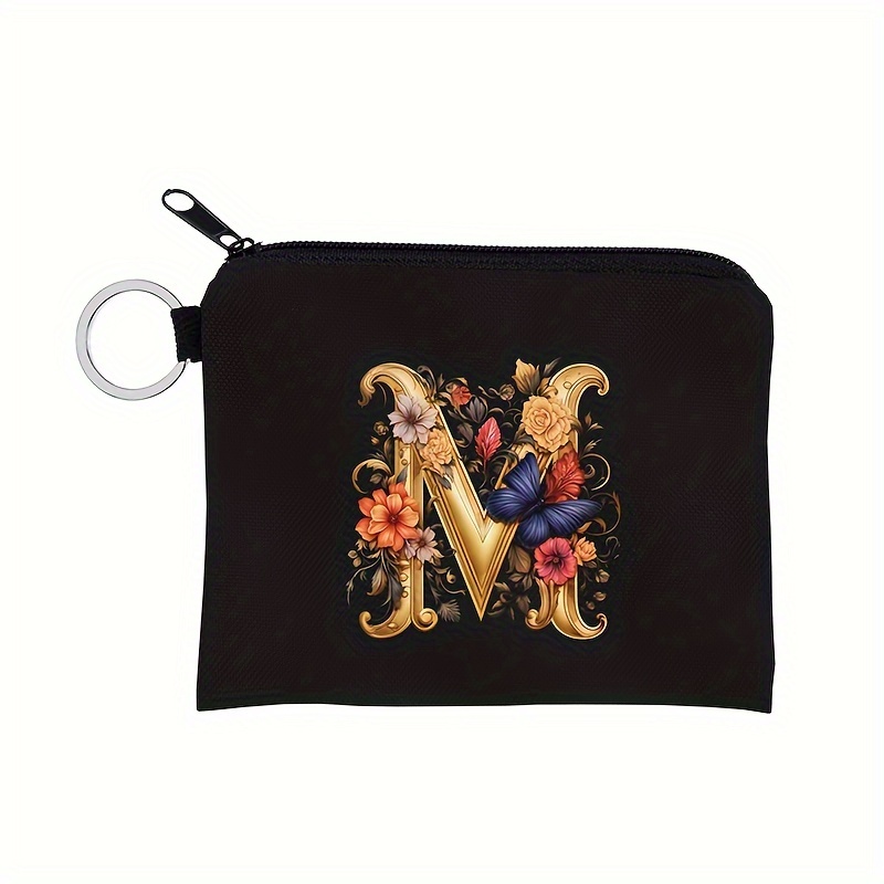 Image of A-z Trendy Letter Flower And Print Coin Purse, A Small Portable Zipper Bag For Keys And Earphones With Key Ring, Perfect For Daily Use And Gift For Women