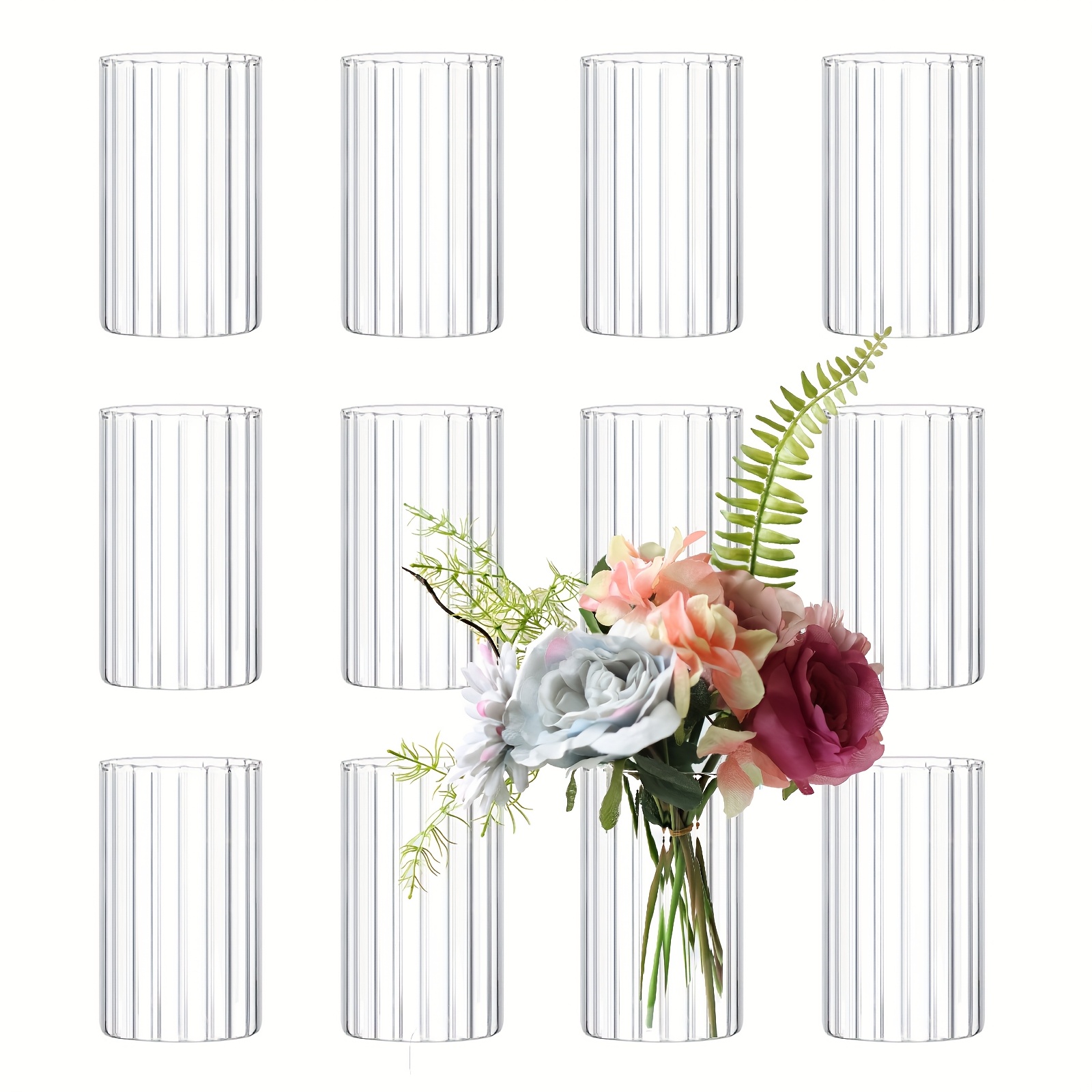 Image of 12pcs Clear Glass Cylinder Vases, 6" Ribbed Bud Vases For Wedding Decor, Elegant Centerpiece Holders For Flowers & Candles, Versatile Table Or Shelf Decoration, Etolies, Vases For Flowers