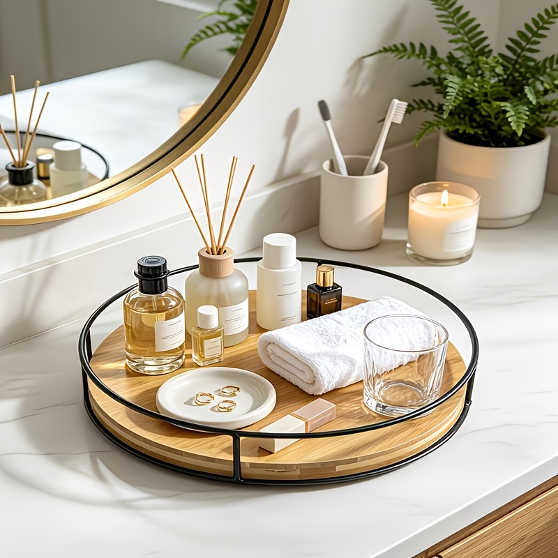 TEMU Bamboo Lazy Susan Turntable With Rail, 360 Degree Rotatable For Cabinet Countertop, No Assembly Condiment And Olive Oil Storage Tray, Multi-use