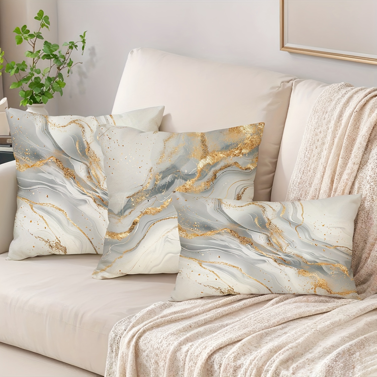 

2-piece Elegant White & Marble Pattern Throw Pillow Covers - Contemporary Abstract Design, Farmhouse Style Linen Blend Cushion Cases For Sofa, Patio, And Living Room Decor - Zip Closure