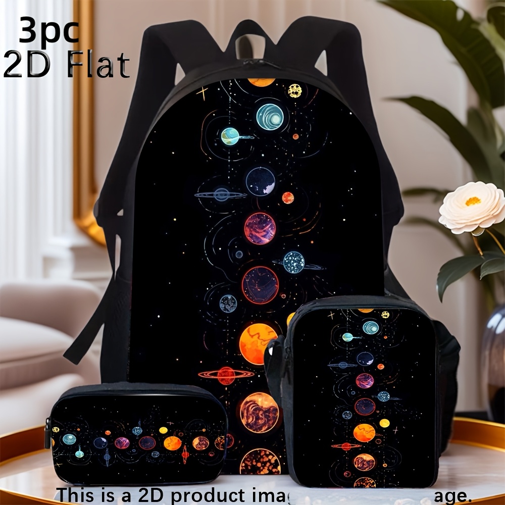 TEMU 3pcs Astronomy Solar System Planet Print Backpack Set With Matching Lunch Bag And Pencil Case For Daily School Use