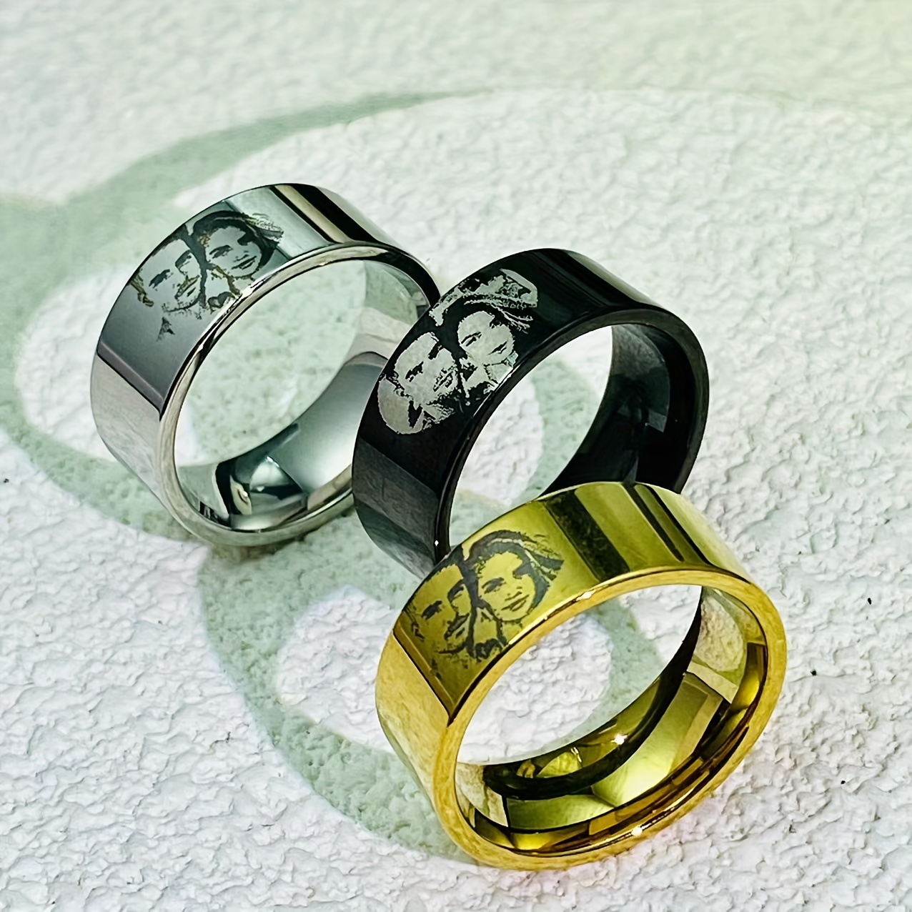 Personalized Picture Ring Engraved Custom Image Polished Durable Couple Family