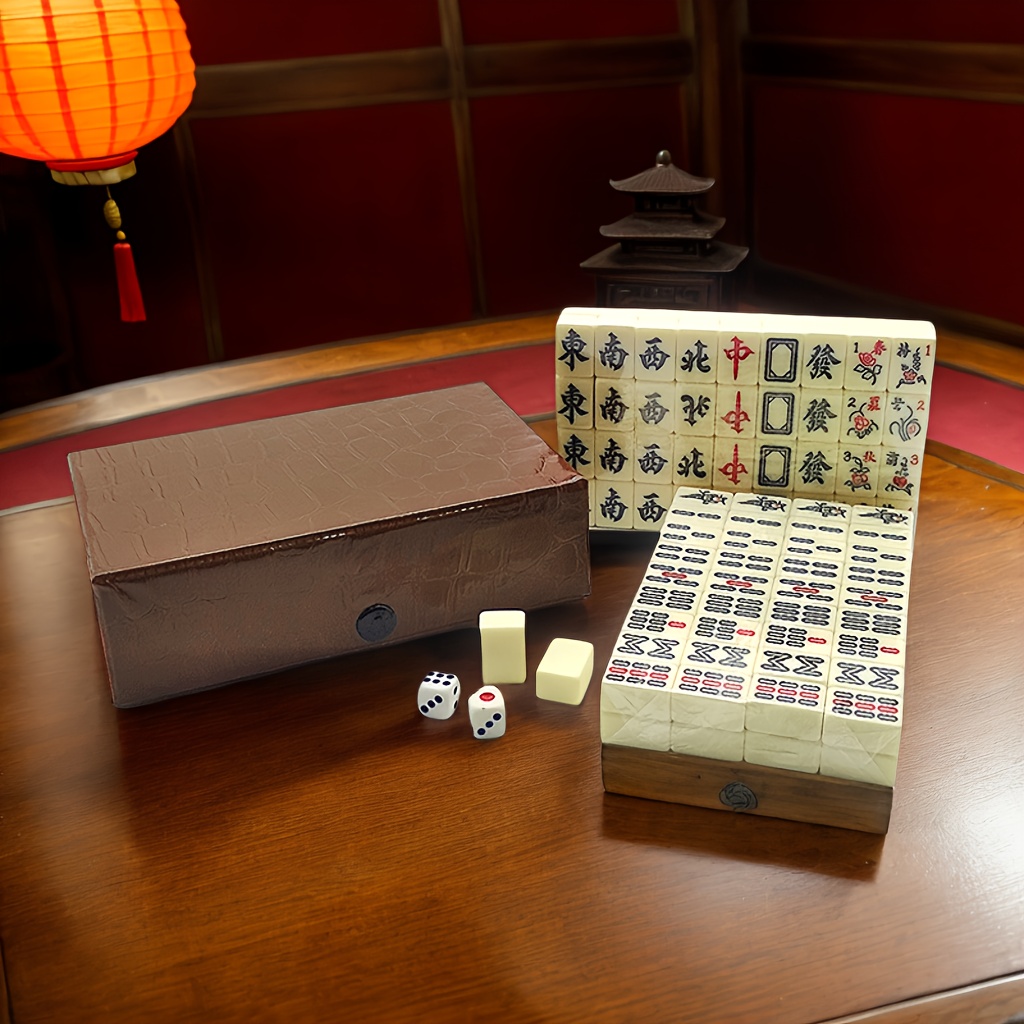 Hperu Mini Mahjong Set – 144 Chinesische Kacheln Im Miniformat (2×1,4 Cm) – Robustes Diamin-Material – Tragbar Im Koffer – Ideal Für Reise, Camping & Familienabend