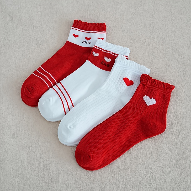 4-pair Women's Red And Sweet Short Socks With Heart, Letter, And Vertical Stripe Patterns