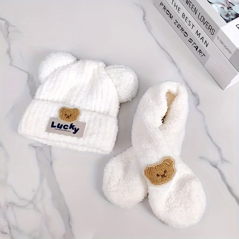 

Autumn And Winter Warm Plush Hat & Scarf Set, Ear Protection Hat For Skiing
