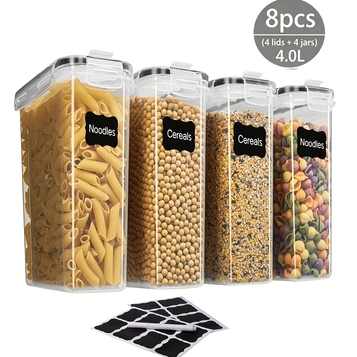 TEMU 8pcs (4 Jars  4 Lids)food Storage Containers With Lids [2.5/4l], Clear Food Jars, Moisture-proof -keeping Containers For Cereals, Rice, Salt,