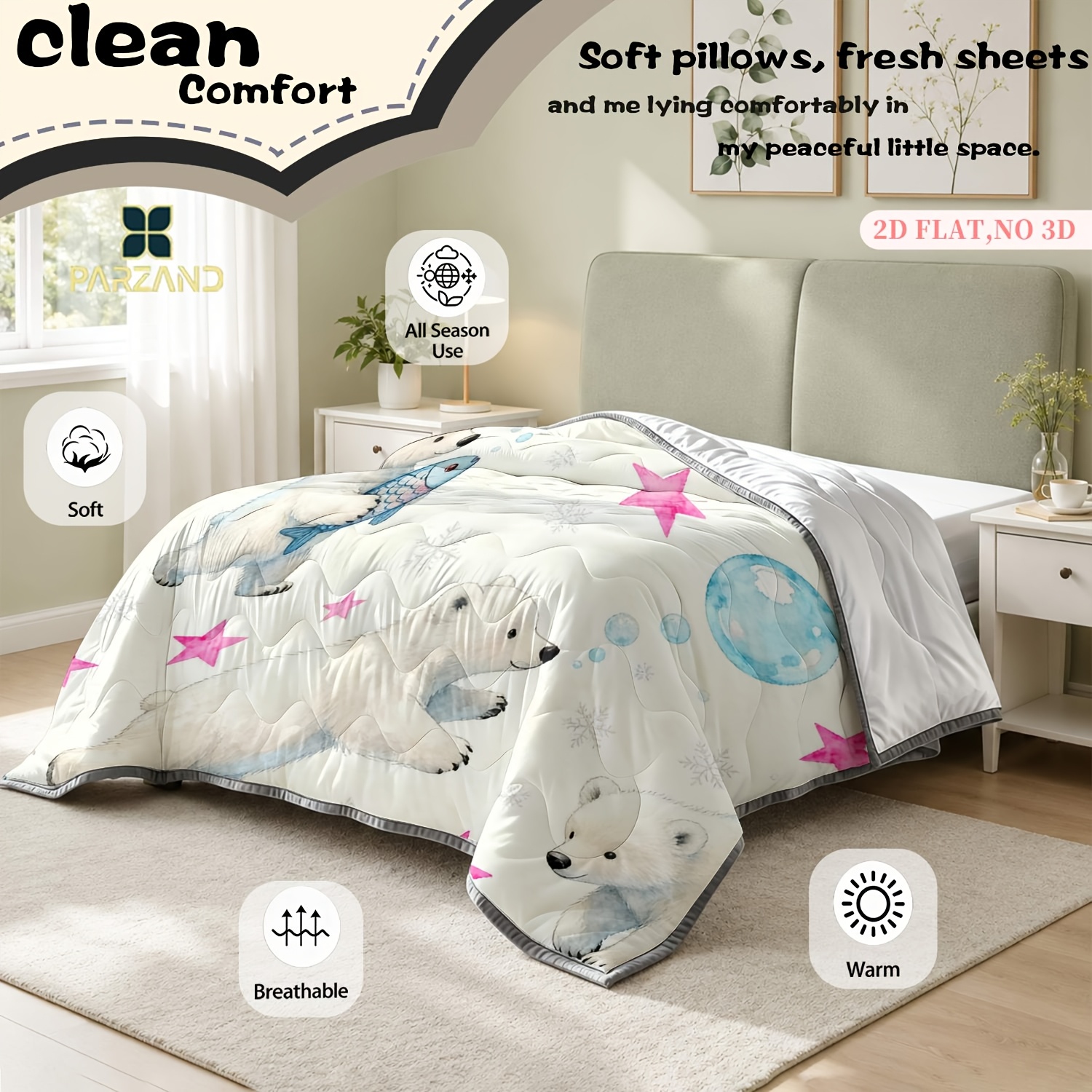 Custom Name Cute White Bear Lightweight Summer Quilt