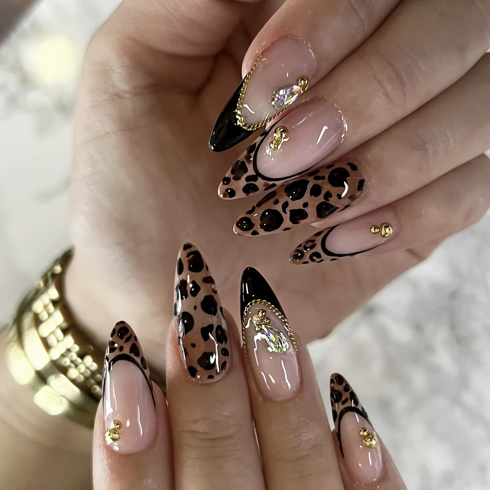 24pcs Print Teardrop Rhinestone Bead Decorated Press-on Nails, 3d Design Handmade False Nails, Detachable Reusable Press-on Nails, With Jelly Glue And Nail File