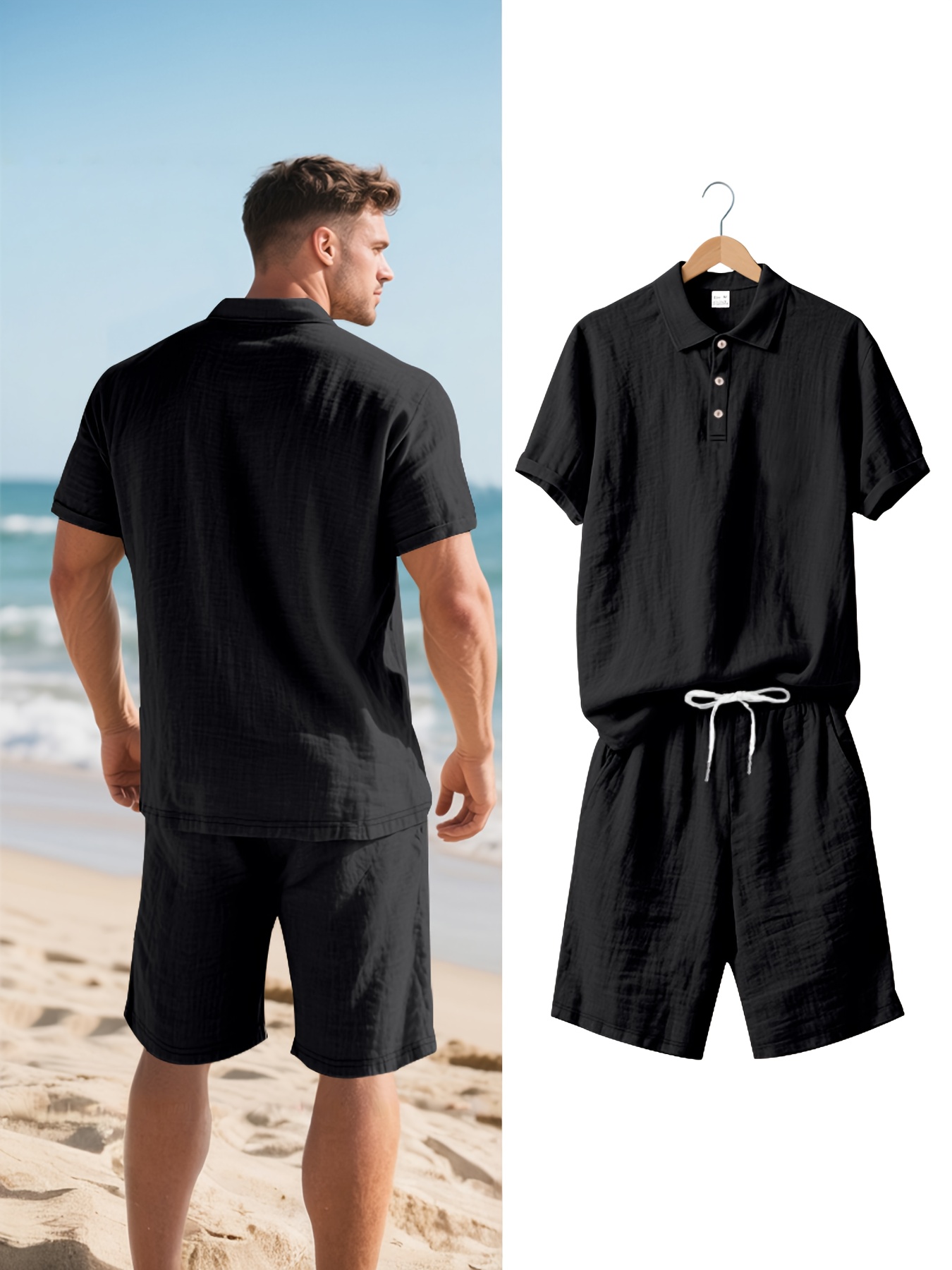 Men's Linen Short Sleeve Shorts Set, Summer Outdoor Sports Casual Breathable Short Sleeve Shirt with Shorts