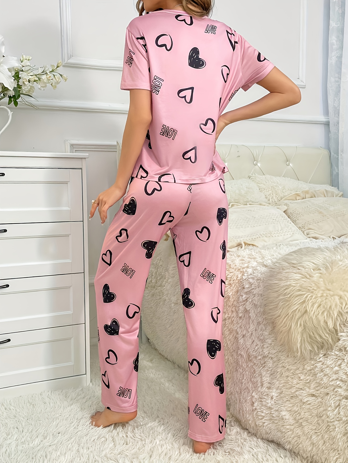 an adorable   and letter print womens pajama set featuring a short sleeve round neck top   with long pants soft and comfortable Product details 1