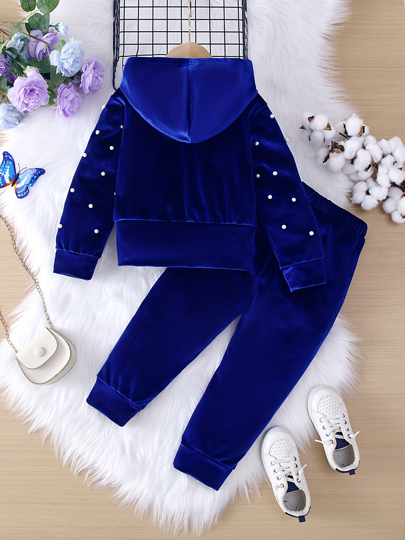 Girls' Korean-Style Plush Set with Beaded Zip-Up Jacket