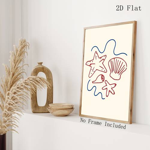 plat 2d, 1 buc. poster artistic de perete cu scoici marine nautice și pescar de coastă - minimalist, potrivit pentru decorul camerei de zi, dormitorului, bucătăriei - retro, potrivit pentru biroul de acasă, potrivit pentru imprimări de baie - / potrivit pentru decorațiuni cu tematică de pescar, plat
