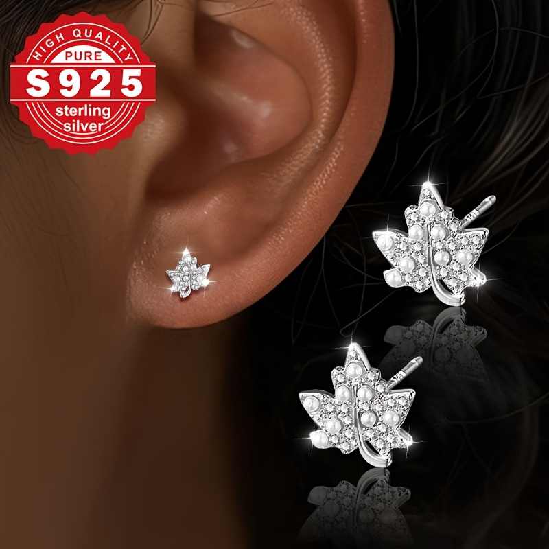 Women's S925 Sterling Silver Maple Leaf Earrings with Synthetic Pearls