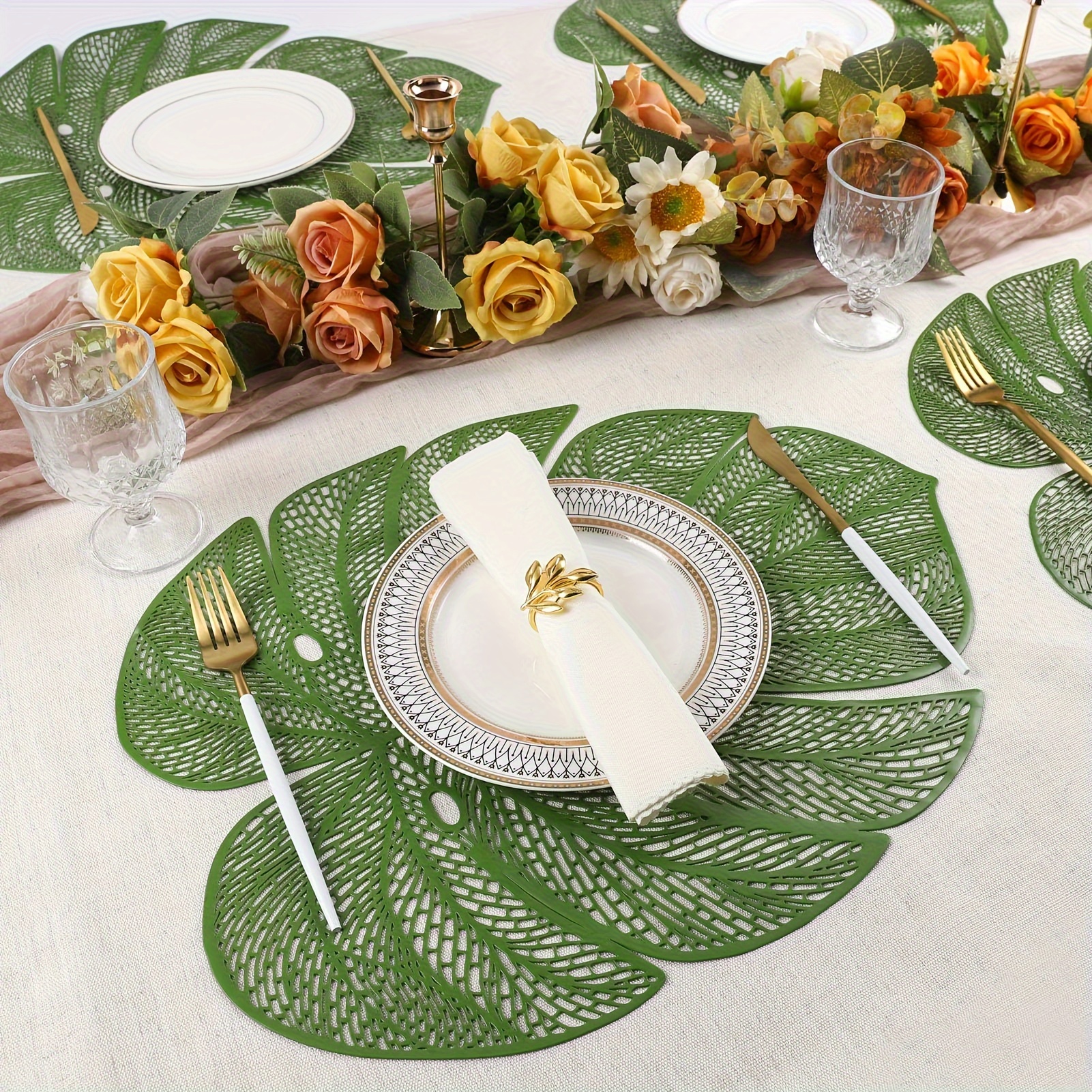 green leaf shaped placemats set of 6 plastic green placemats wipeable 6pcs table mats suitable for wedding anniversary birthday party dinner table decoration Product details 1