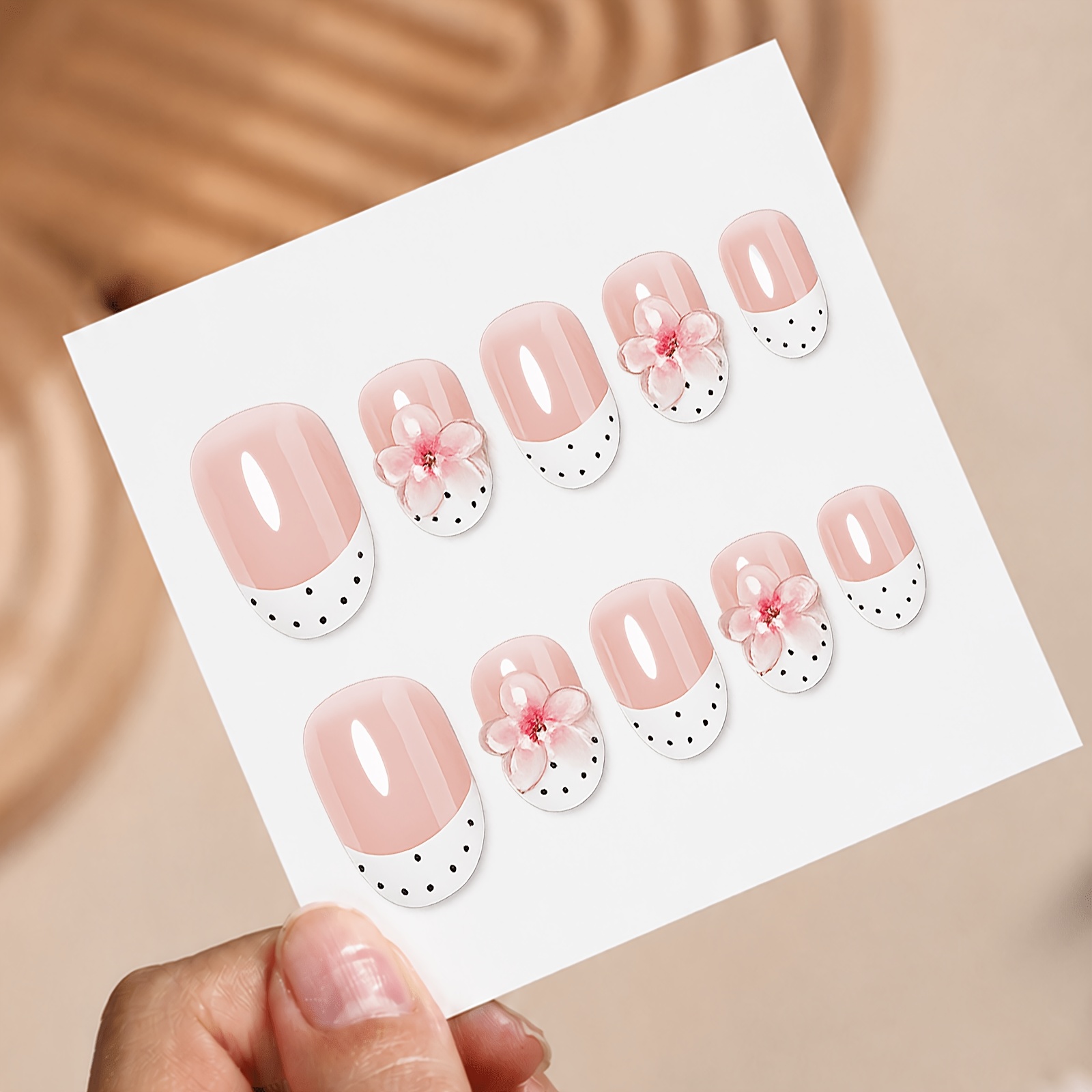TEMU 24pcs Y2k Flowers Press On Nails Medium Oval Fake Nails Acrylic Surface Glossy Gel Nails Reusable With & Rhinestone Elegant Fashion Style For