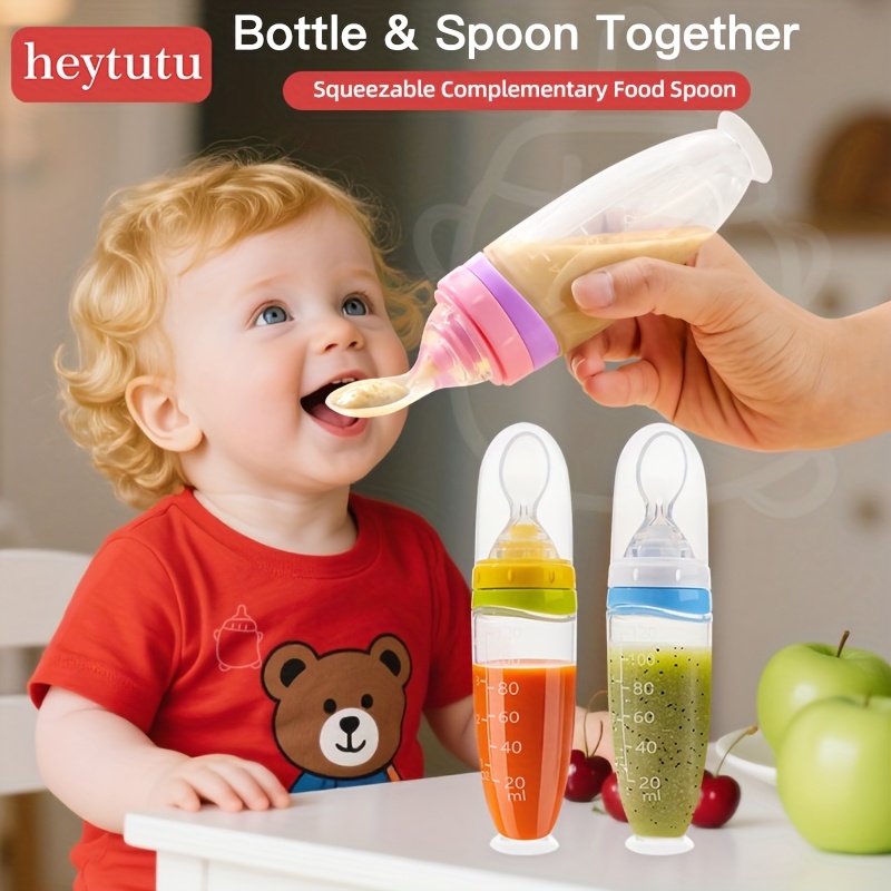 120 ml 4oz baby liquid silicone food squeeze feeder dispenser for fruit puree rice paste removable spoon anti slip suction base designed for one handed feeding
