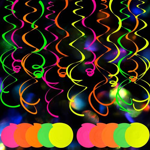 30pcs streamers luminous hanging swirl party decorations glow in the dark ceiling swirl flowing light reactive fluorescent party supplies holiday and blacklight themed birthday party decorations