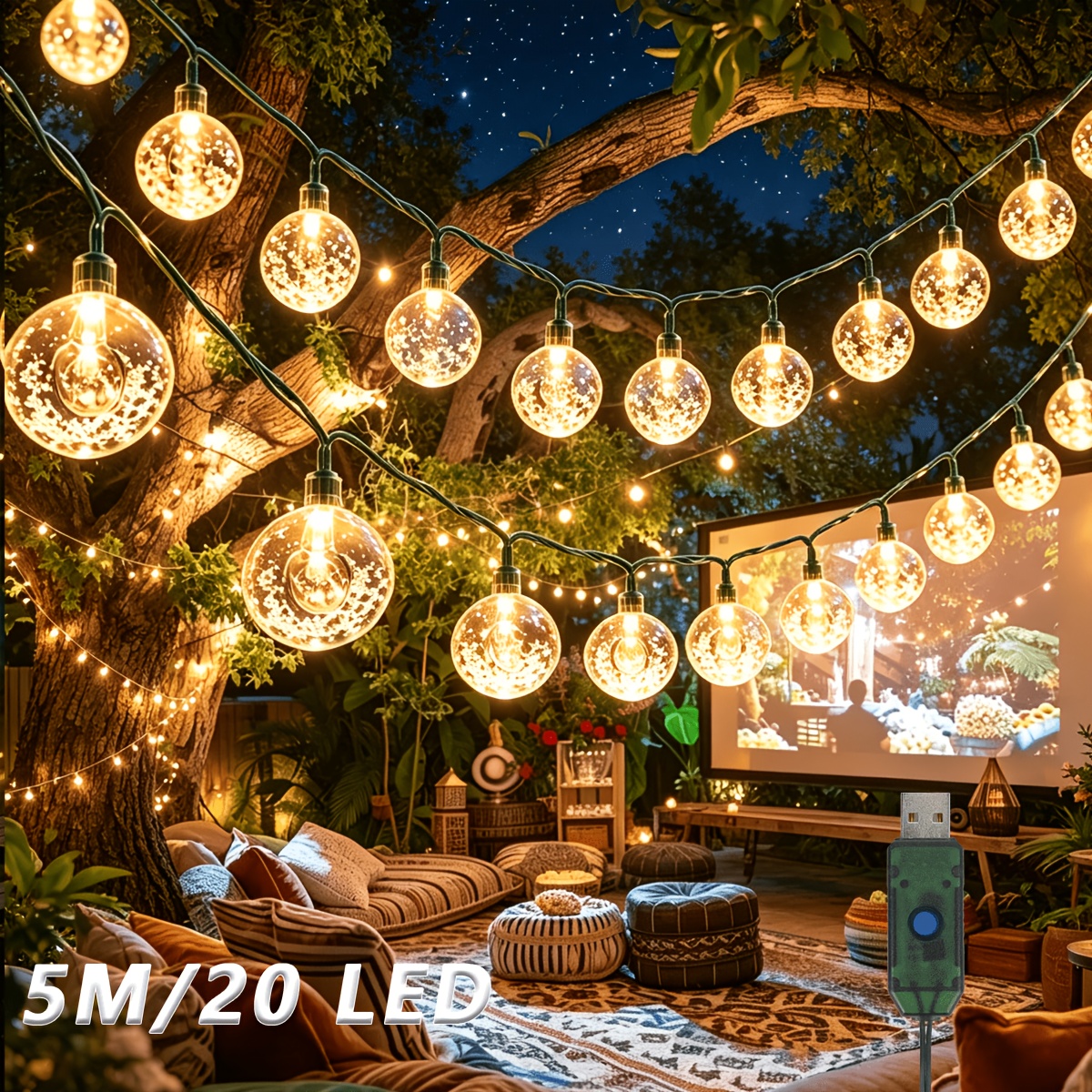 TEMU Crystal Ball String Lights, Led String Lights, Fairy Lights, 8 Lighting Modes, Usb-powered, /100 Led Bulbs, Warm White; Halloween And Christmas,