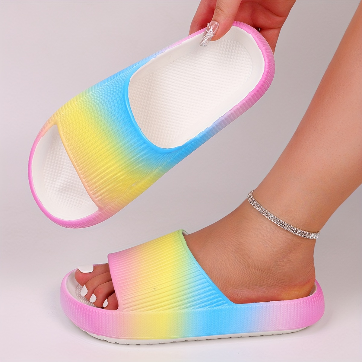 

Women's Colorful Rainbow Print Slides, Open Toe Eva Shower Slides, Soft Sole Platform Comfortable Sandals