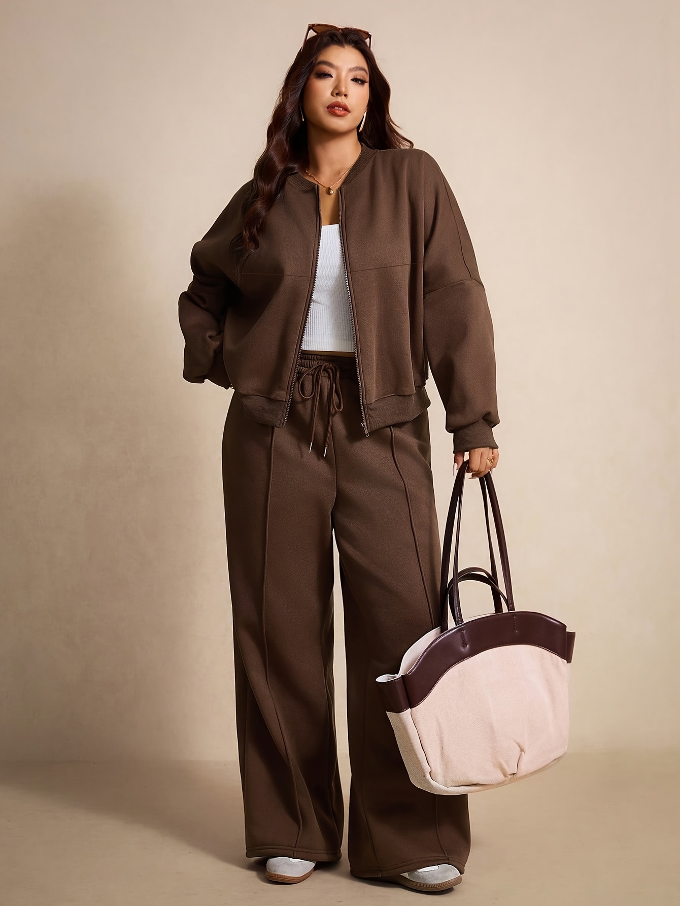 imagen del artículo conjunto de ropa deportiva casual de talla   para mujer para otoño/invierno - sudadera tipo chaqueta con cremallera + pantalones de chándal de pierna ancha con cordón y cintura  , juego de 2 piezas, estilo de    , para desplazamientos diarios,   de compras, ocio en casa y