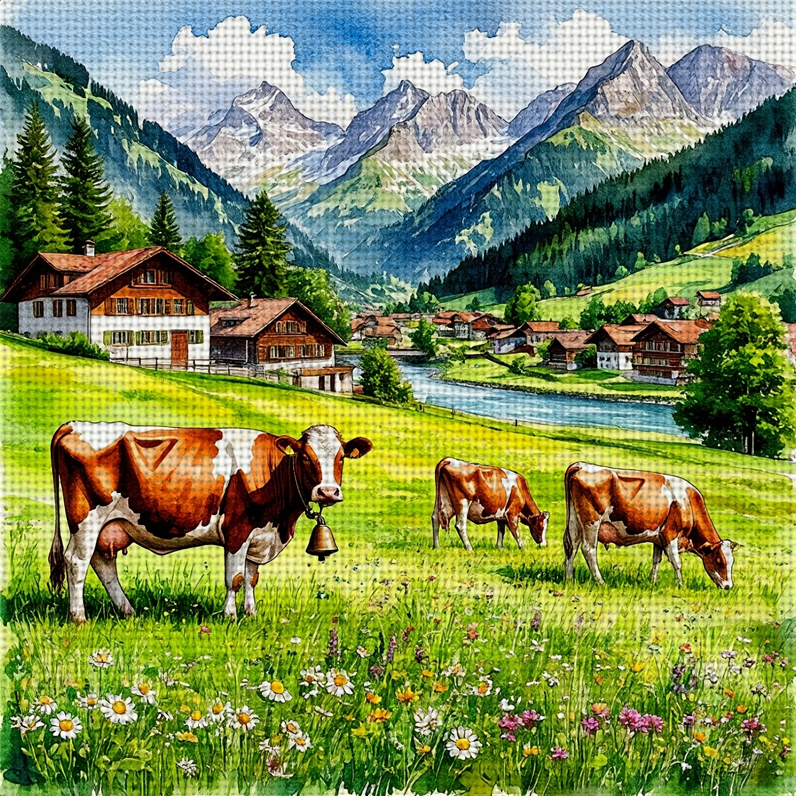 TEMU Kit de broderie point de croix 1 pièce de niveau débutant - Troupeau dans un pâturage de montagne avec tissu et fils pré-imprimés, petit motif