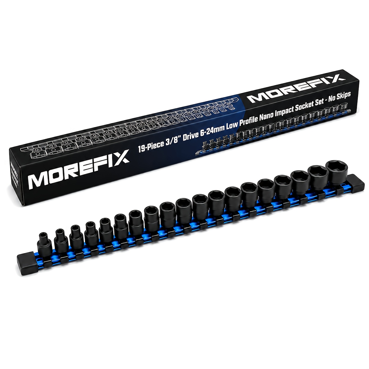 TEMU Morefix 3/8-inch Drive Low Profile Nano Impact Socket Set, 10pcs, 14pcs And 19pcs Options, Compact Metric Socket Set With Organizer Rail For