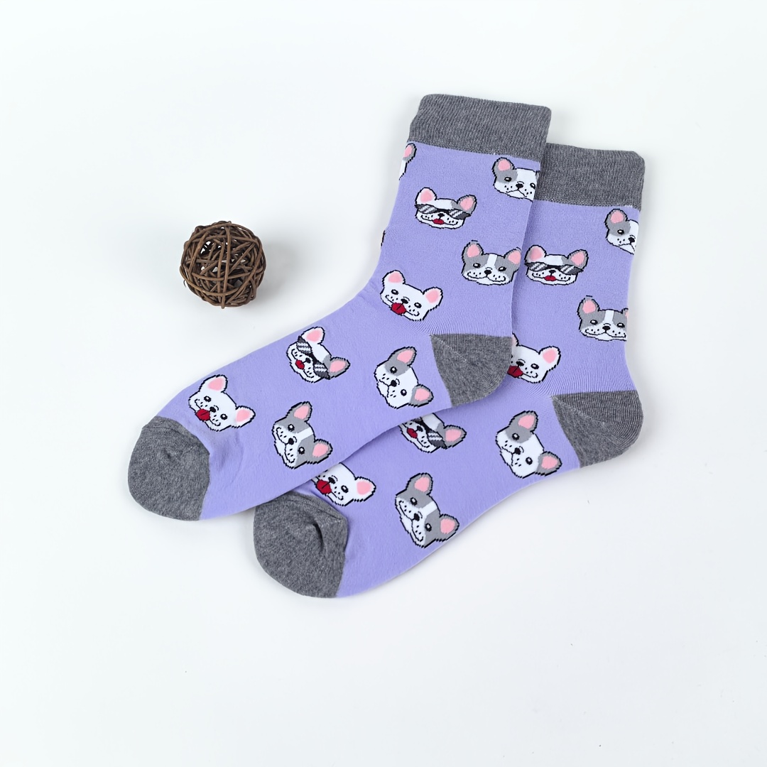E-shop 1 Paar lila-, niedliche vielseitige Damen-Mittelschaftsocken mit French Bulldog-Muster – Bequem mit Persönlichkeit