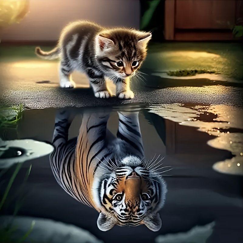 Image of 1pc 5d Diy Tiger And Kitten Pattern Full Painting Set, Adult Beginners, Home Wall Decoration And Gifts