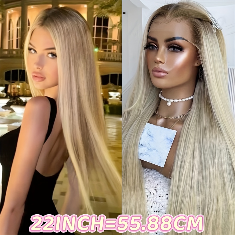 Image of 180% Density Glueless Blonde Long Straight Lace Front Brazilian Human Hair Wigs With Natural Hairline Balayage Ombre Pre Bleached Human Hair Wig Luxurious 13x4 Hd Transparent Lace Front Wig Human Hair