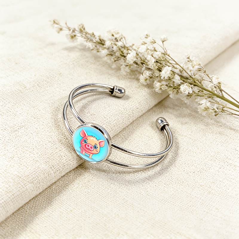 Adjustable Open Bangle with Round Gemstone Inlay, Cute Cartoon Pig Design
