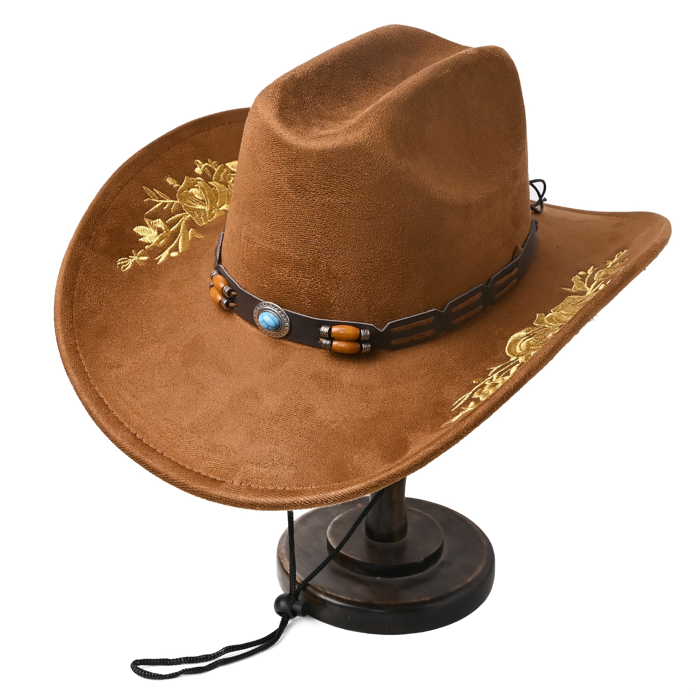 TEMU Chapeau de cowboy western unisexe, chapeau de soleil à large bord en daim avec broderie florale et bande de perles turquoise, chapeau -boy rétro