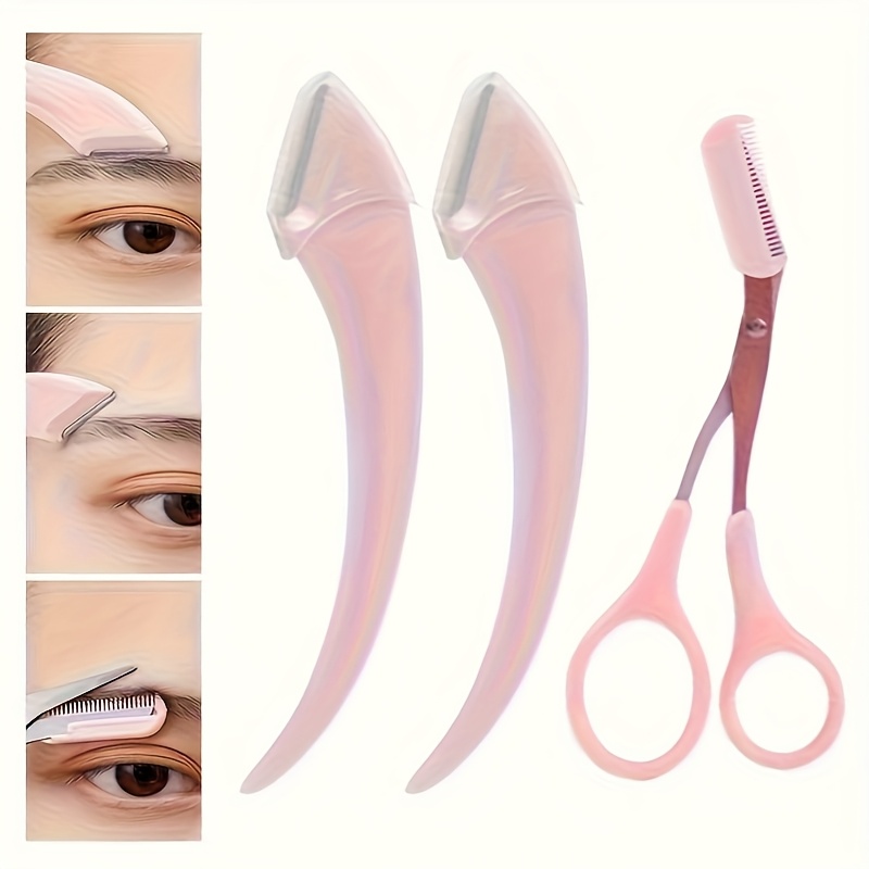 TEMU Stainless Steel Eyebrow Trimming Set 3pcs - With Comb Curved Hair Removal Device, Beauty Tool, Suitable For Men And Women